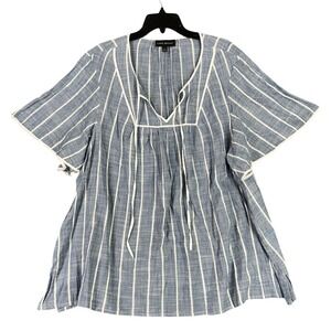 Lane Bryant Top Womens 26 Blue Cotton Rayon Short Sleeve Striped V-neck Textured